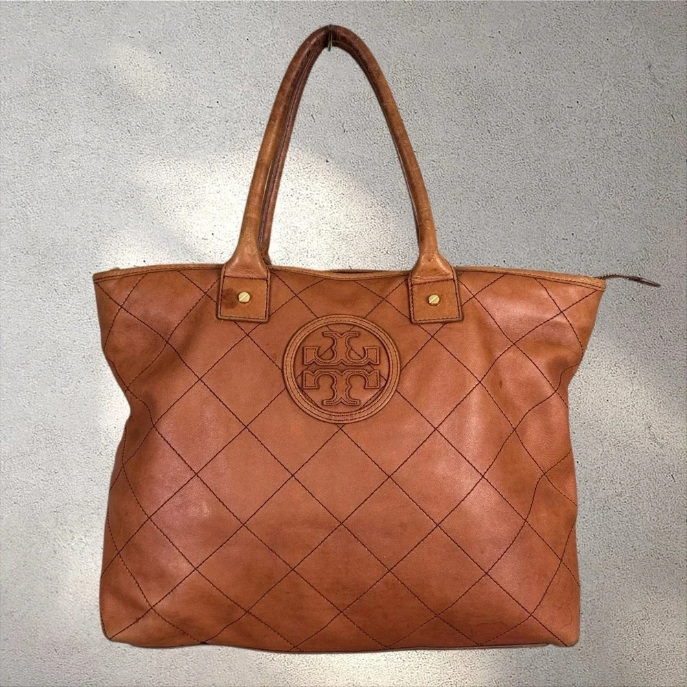Tory Burch Jaden Quilted Leather‎ Tote Bag Purse Cognac Brown